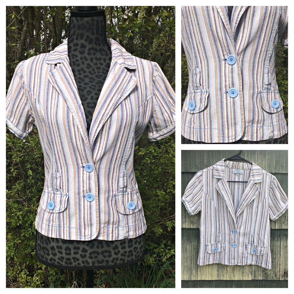 Ashley by 26 Cream Tan & Blue Striped Linen Shirt - Size Medium
